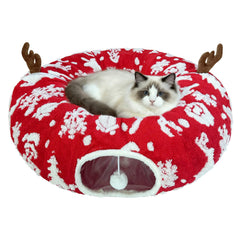 Cckuu Cat Tunnel Bed front view in Christmas Red offers a cozy nap retreat.