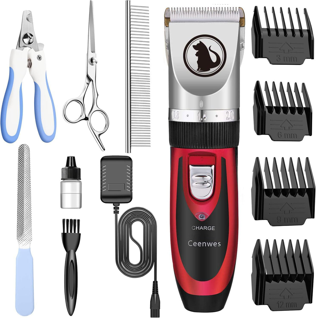 Ceenwes dog clippers in red with storage case, cordless grooming for stress-free home trims.