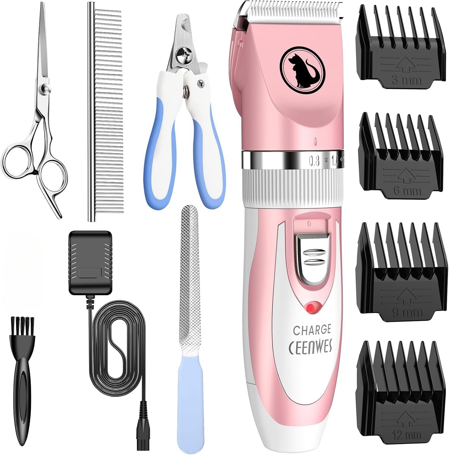 Ceenwes low-noise pink cordless pet clippers with multiple tools kit for cats and dogs