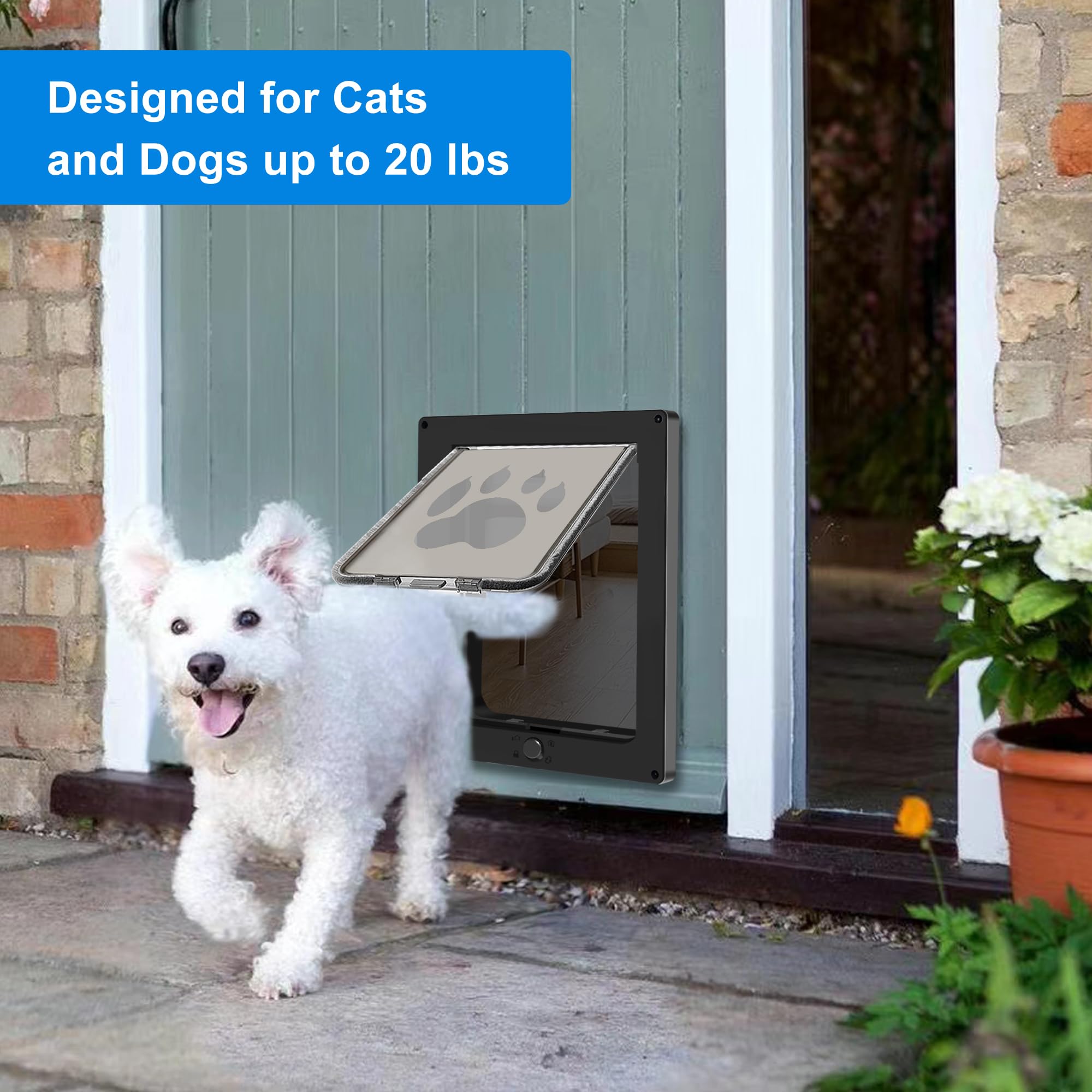CEESC dog door telescoping tunnel shows adjustable width for doors 1-1/4 to 2 inches.