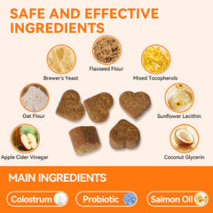 CeliAeh dog allergy chews ingredients panel highlights 5-strain probiotic blend for gut health.