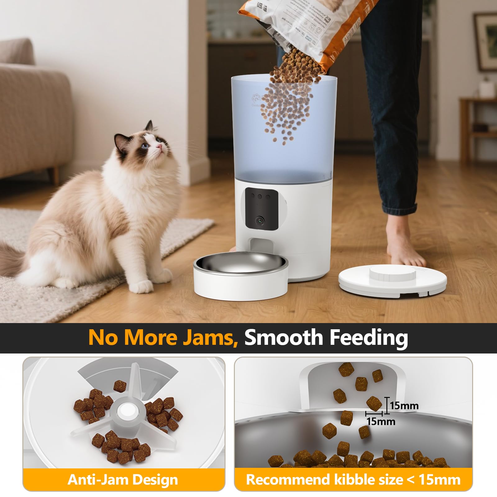 Centvicam cat feeder anti-jam dispenser maintains consistent portions.