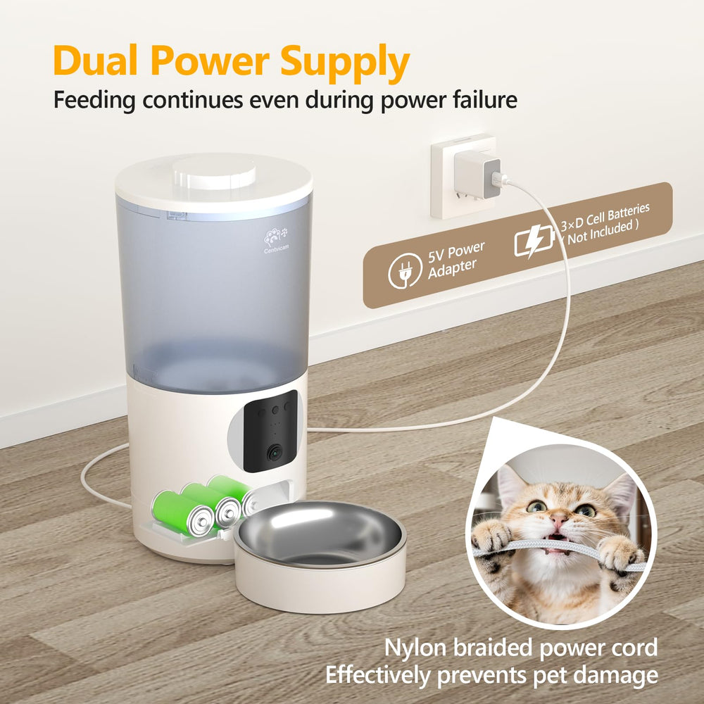 Centvicam cat feeder battery backup supports meals during outages.