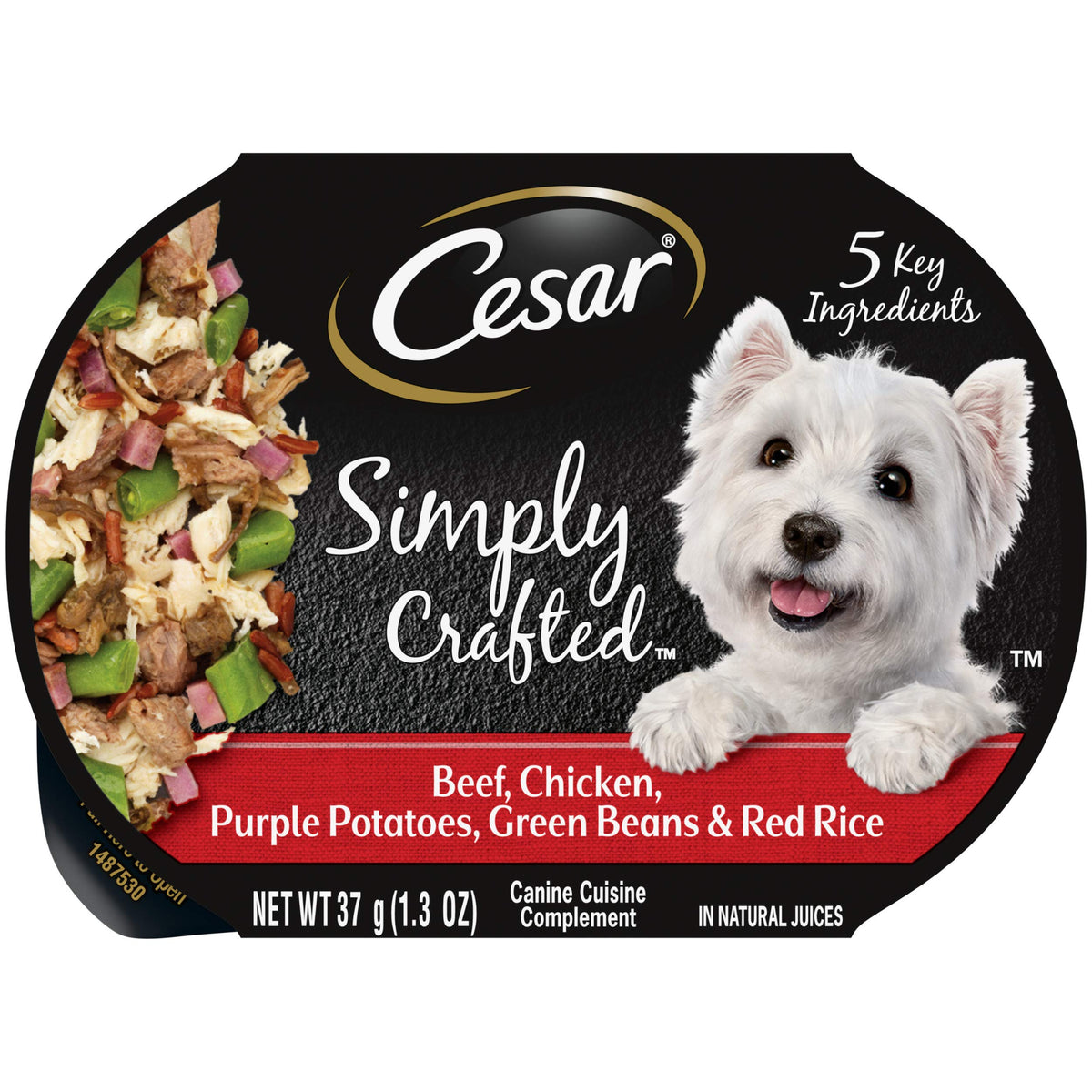 CESAR Simply Crafted topper with beef, chicken and purple potatoes boosts kibble flavor.