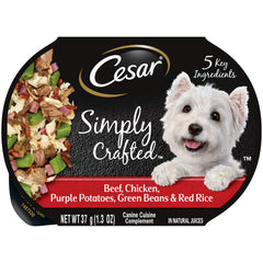 CESAR Simply Crafted topper with beef, chicken and purple potatoes boosts kibble flavor.