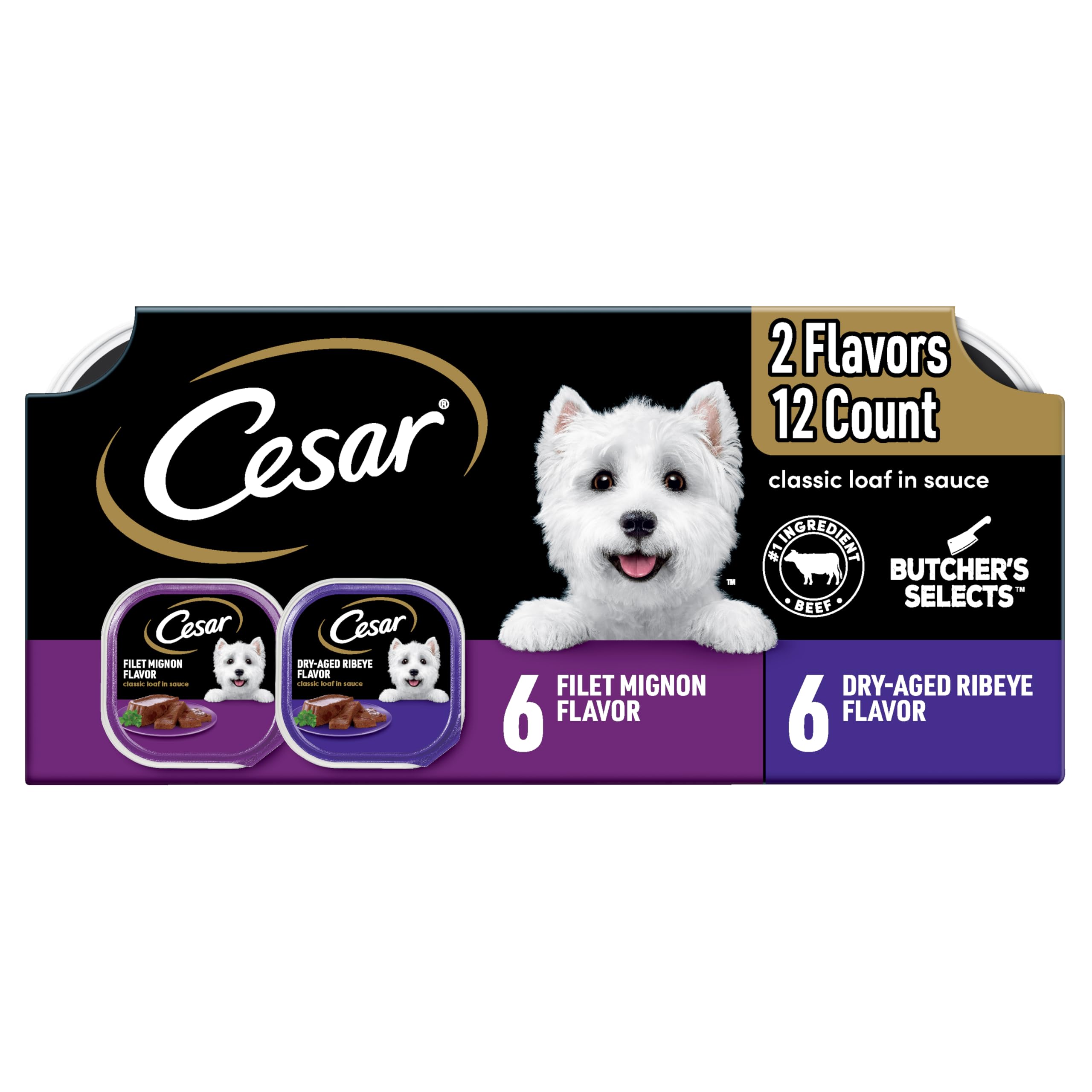 Cesar Wet Dog Food Classic Loaf in Sauce tray shows easy-peel seal for quick, mess-free serving.