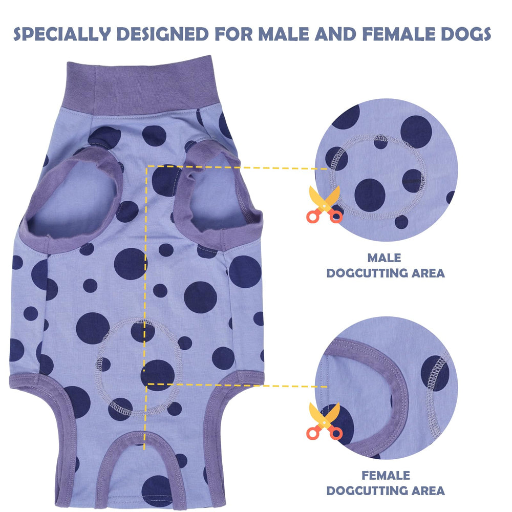 Ceseonce dog resting after surgery wearing suit demonstrates reduced stress while healing