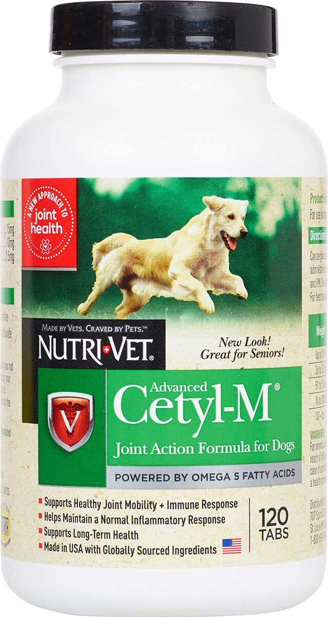 Cetyl M dog joint action tablets bottle supports mobility and daily activity for active dogs