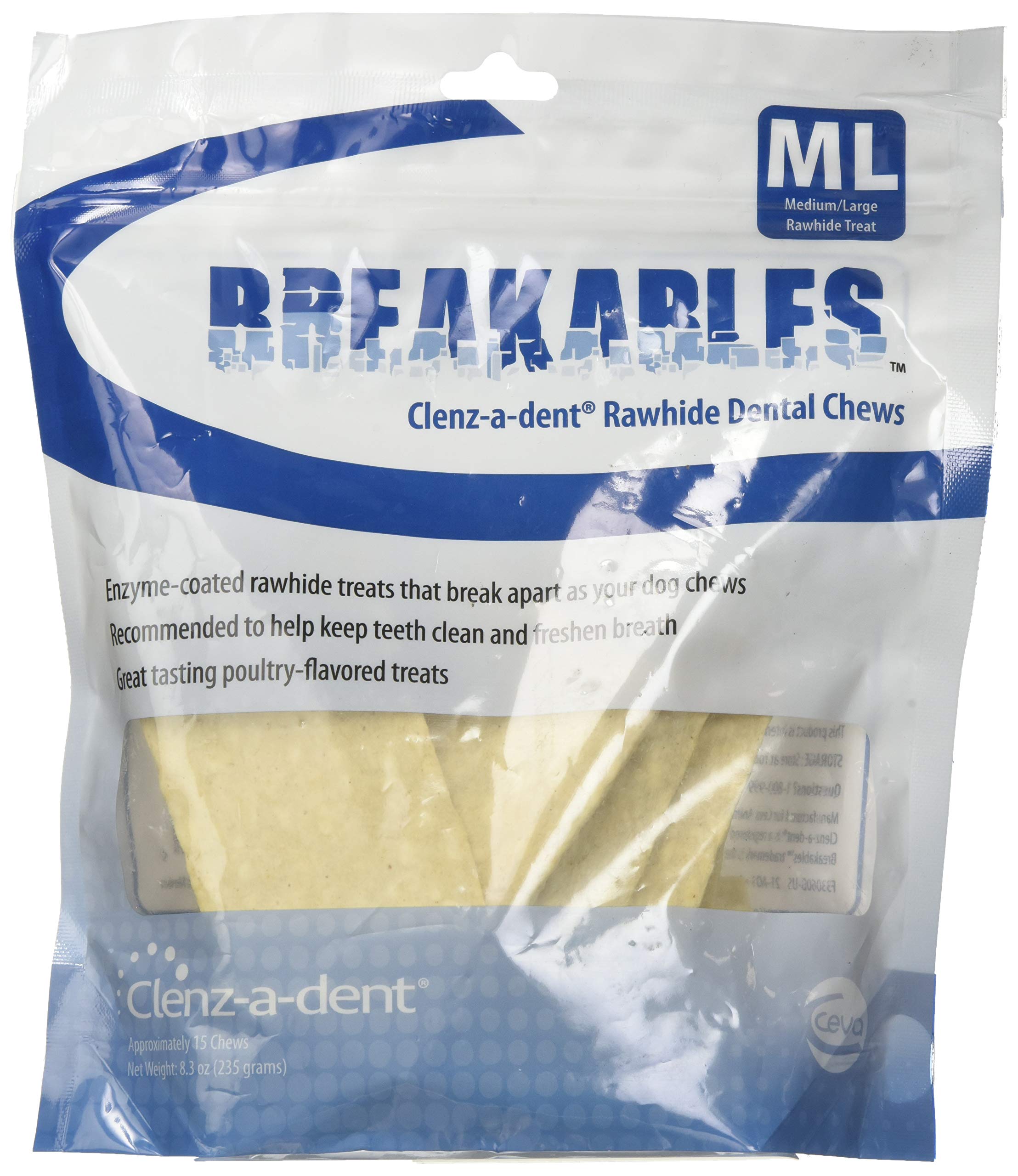 Ceva Breakables Clenz-A-Dent rawhide chews for dogs with breakable sticks aiding oral hygiene