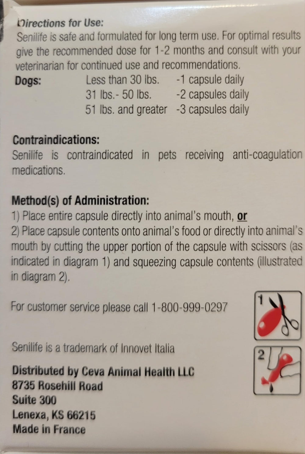 Ceva Senilife box label presents ingredients and potential brain aging support.