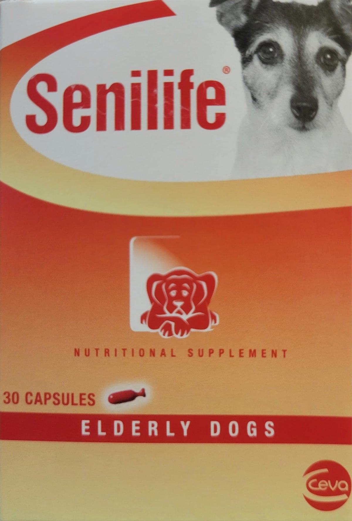 Ceva Senilife capsules in box support elderly dogs' daily welfare.