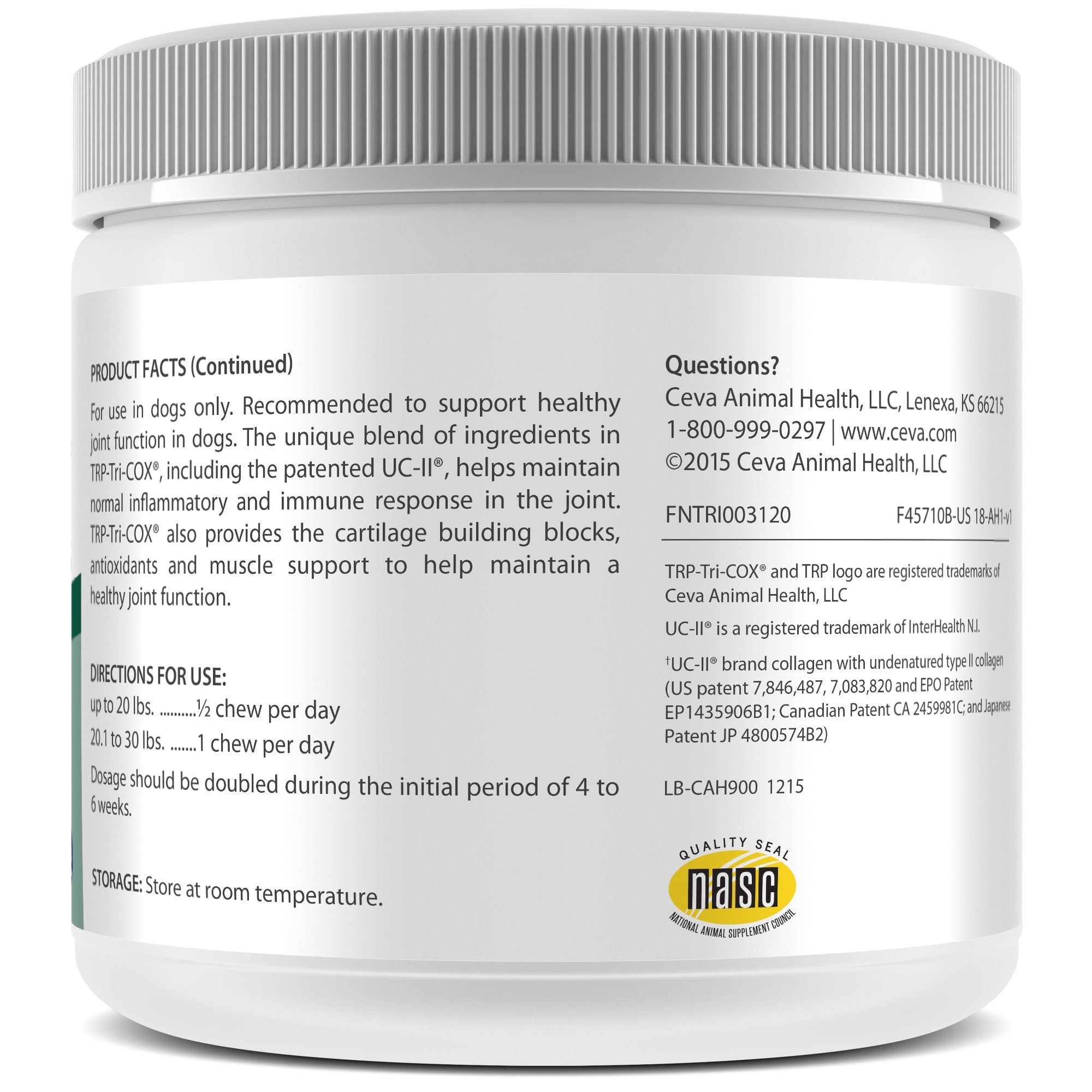 Ceva TRP-Tri-COX Mini Soft Chews jar-front showing 120-count bottle for daily use.