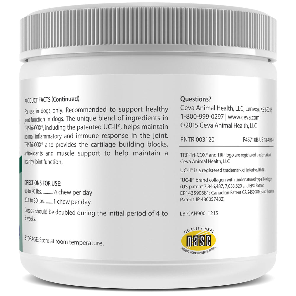 Ceva TRP-Tri-COX Mini Soft Chews jar-front showing 120-count bottle for daily use.