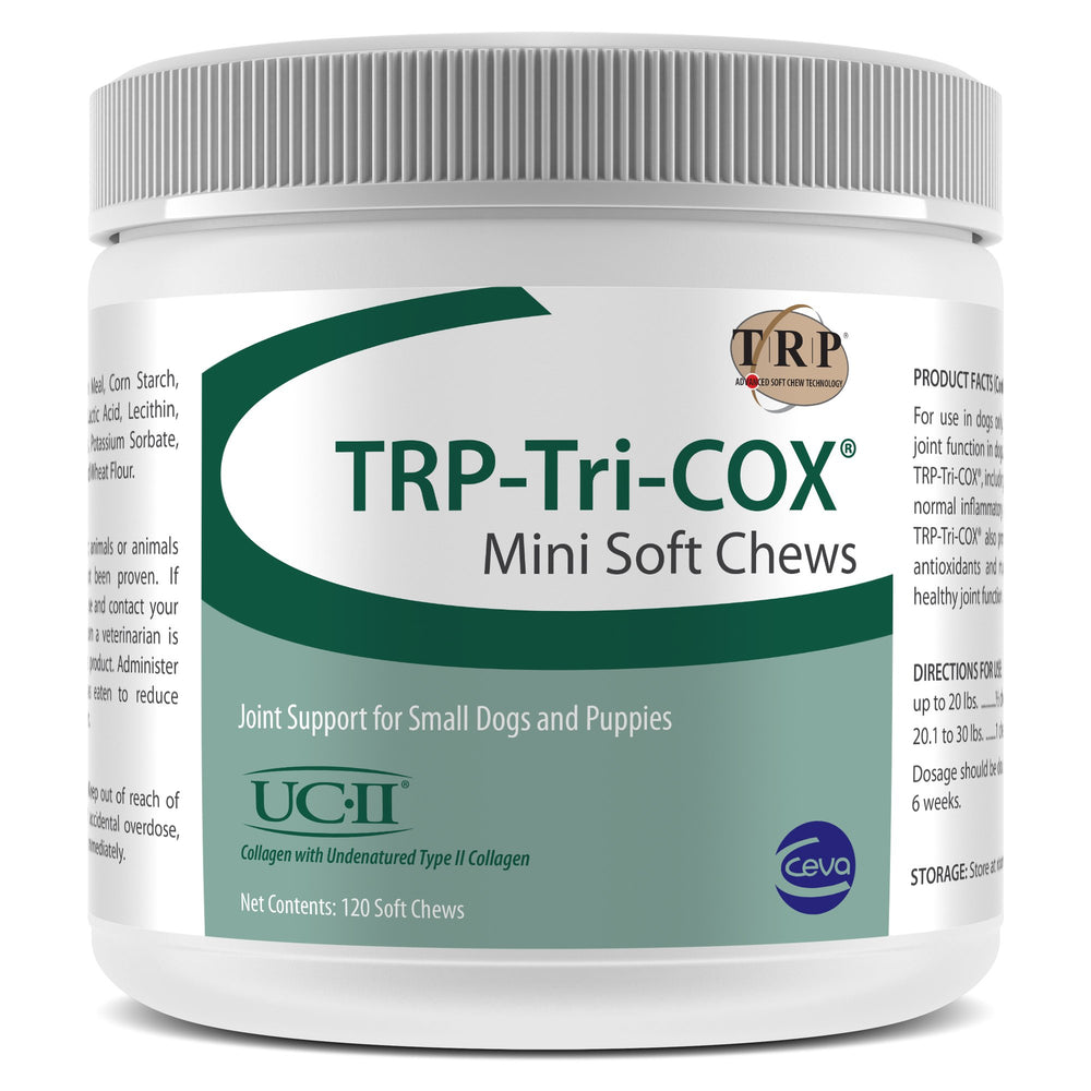 Ceva TRP-Tri-COX Mini Soft Chews packaging close-up highlighting small-dog joint support.