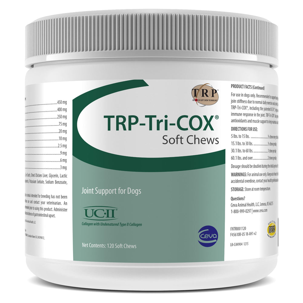 CEVA TRP-Tri-COX Soft Chews bottle shows joint support benefits and UC II ingredient.
