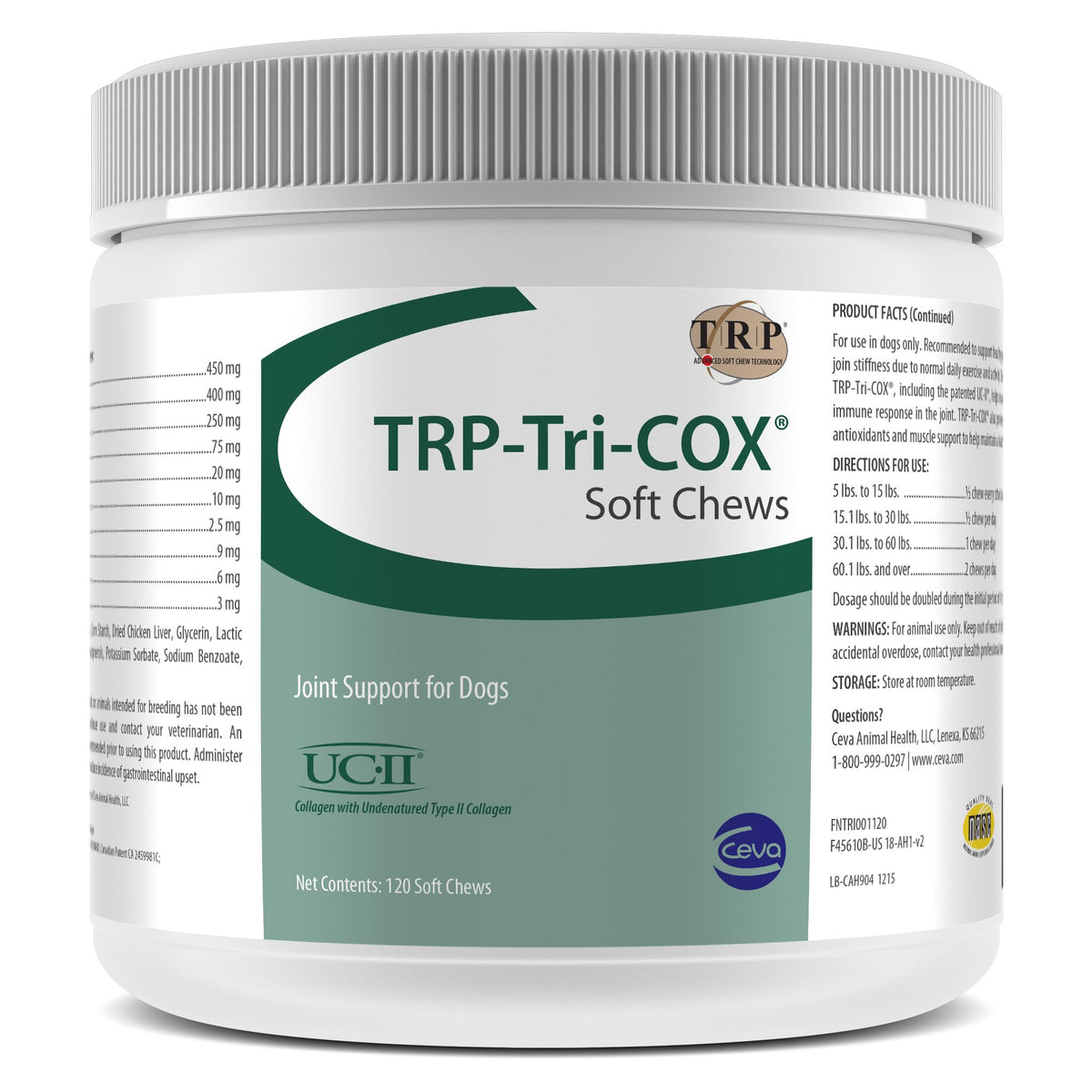 CEVA TRP-Tri-COX Soft Chews bottle shows joint support benefits and UC II ingredient.