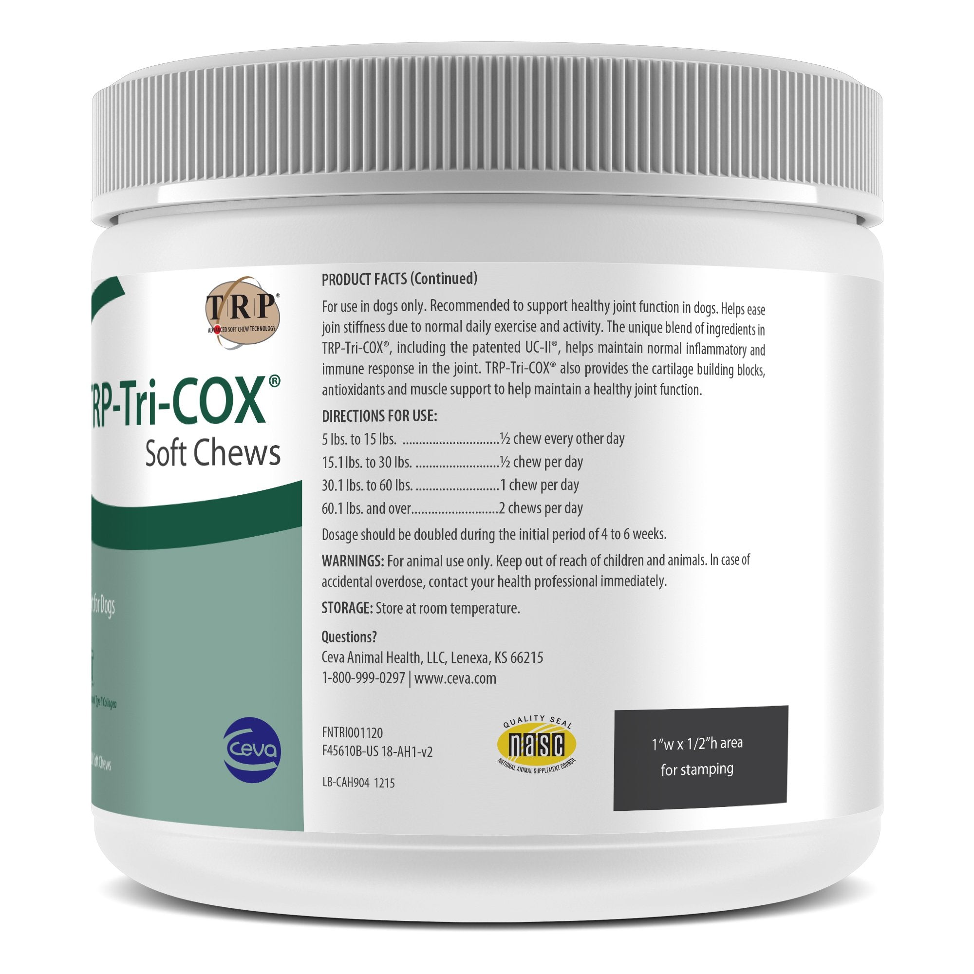 CEVA TRP-Tri-COX Soft Chews dog-treat image suggests easy dosing and joint comfort.
