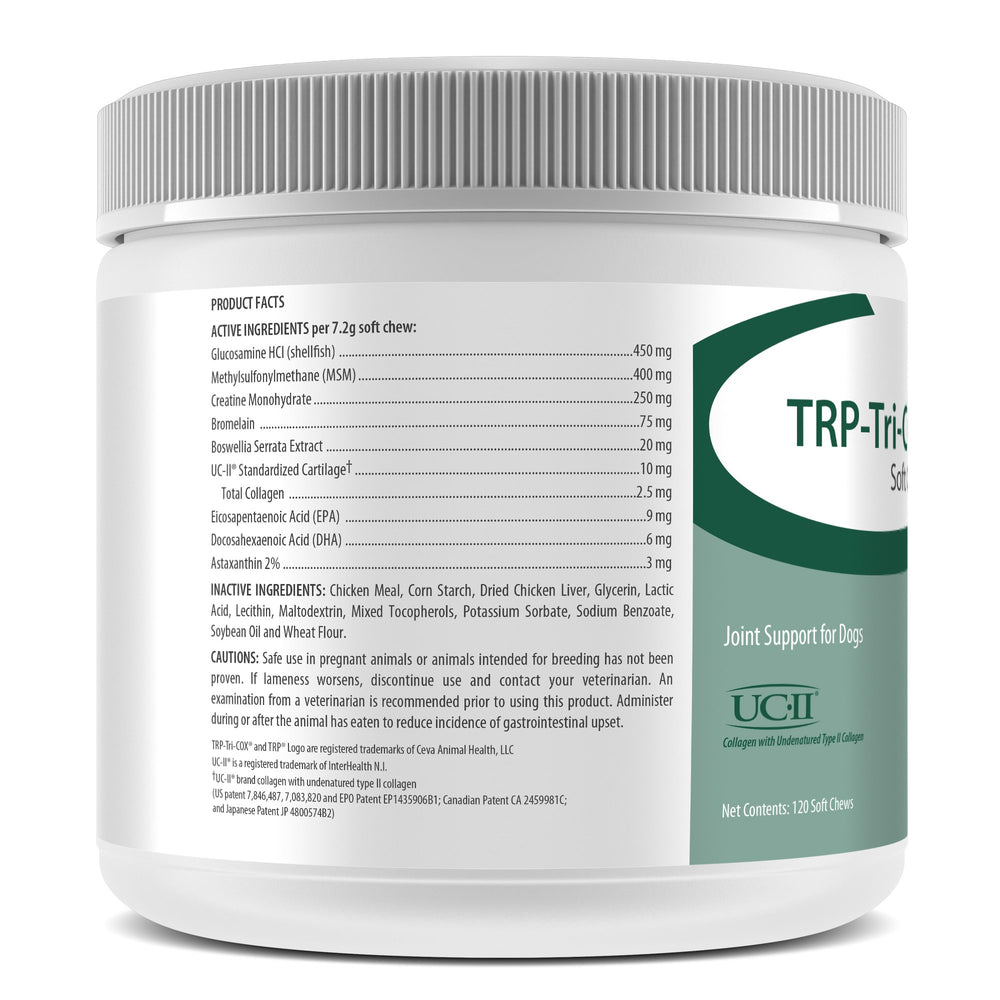 CEVA TRP-Tri-COX Soft Chews label highlights liver flavor for easy administration.