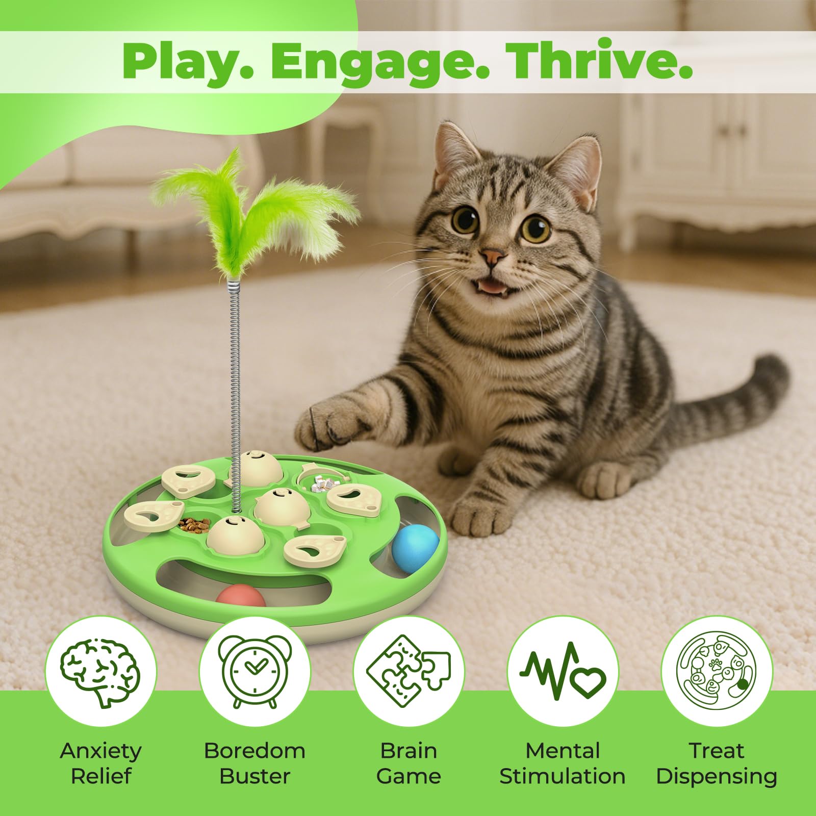 CGBD cat puzzle with feather teaser keeps cats engaged during solo playtime.