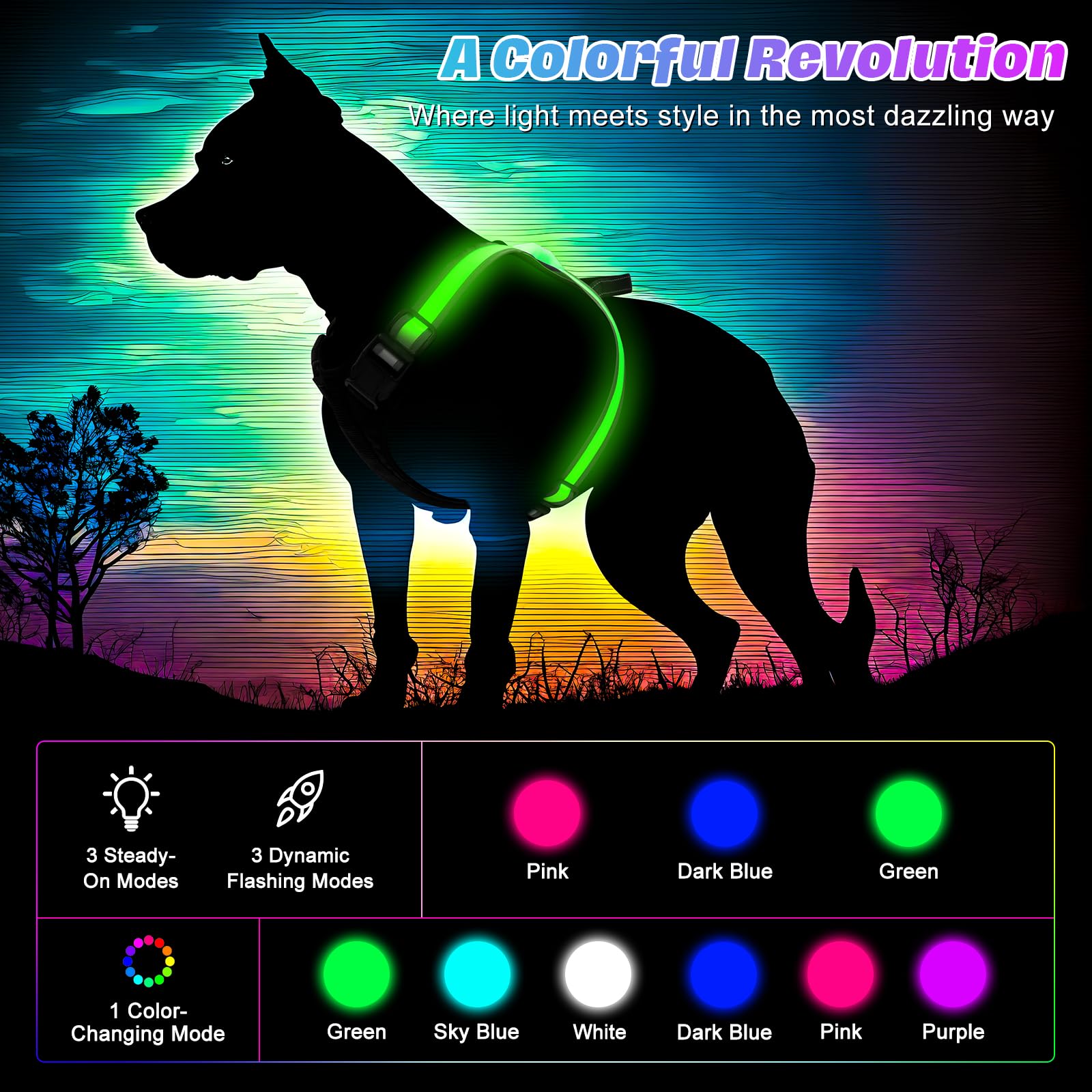 ChalkLit LED dog harness back view highlights reflective trim for day and night visibility.