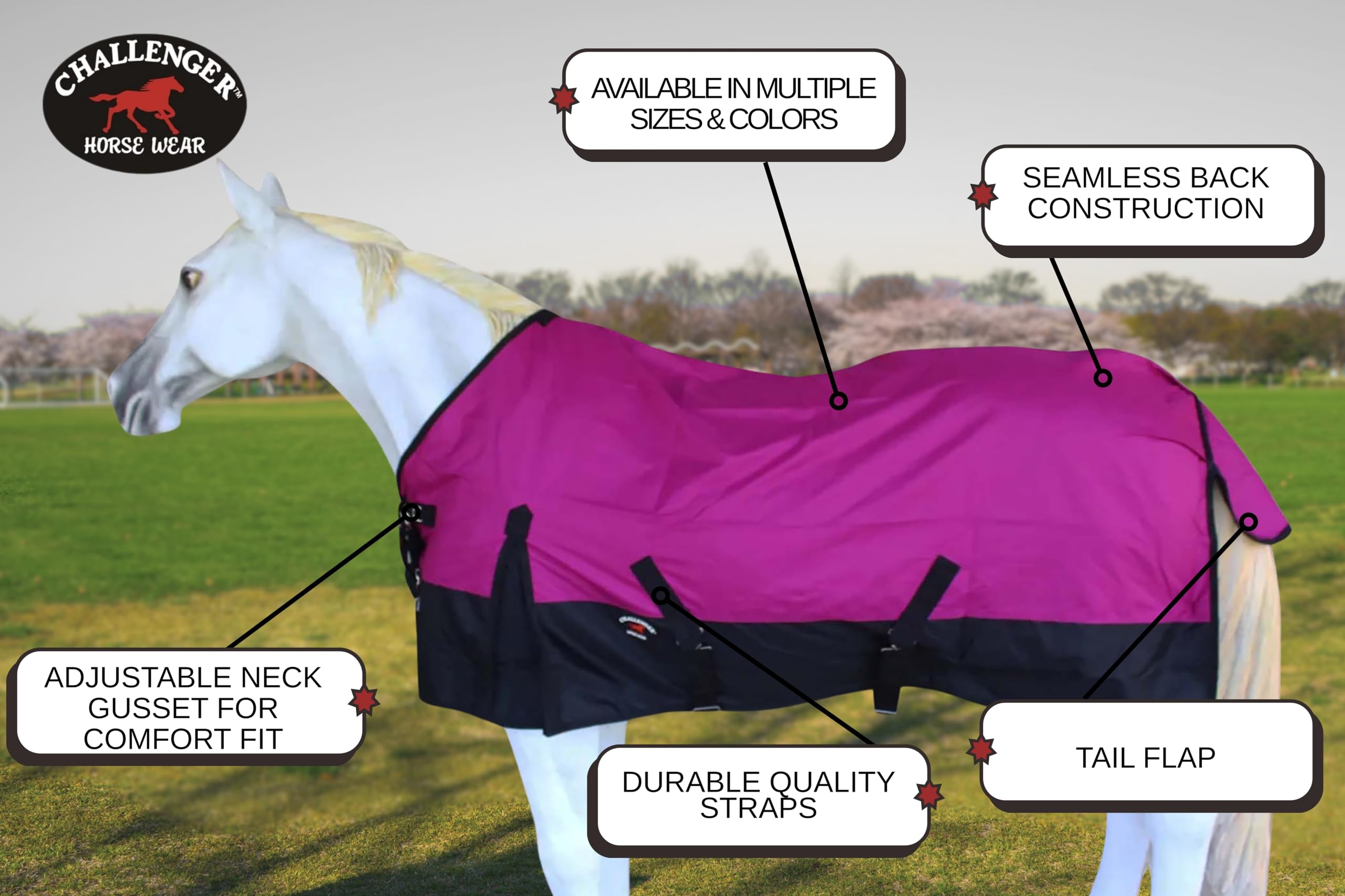 CHALLENGER turnout blanket leg straps demonstrate secure fit during movement.