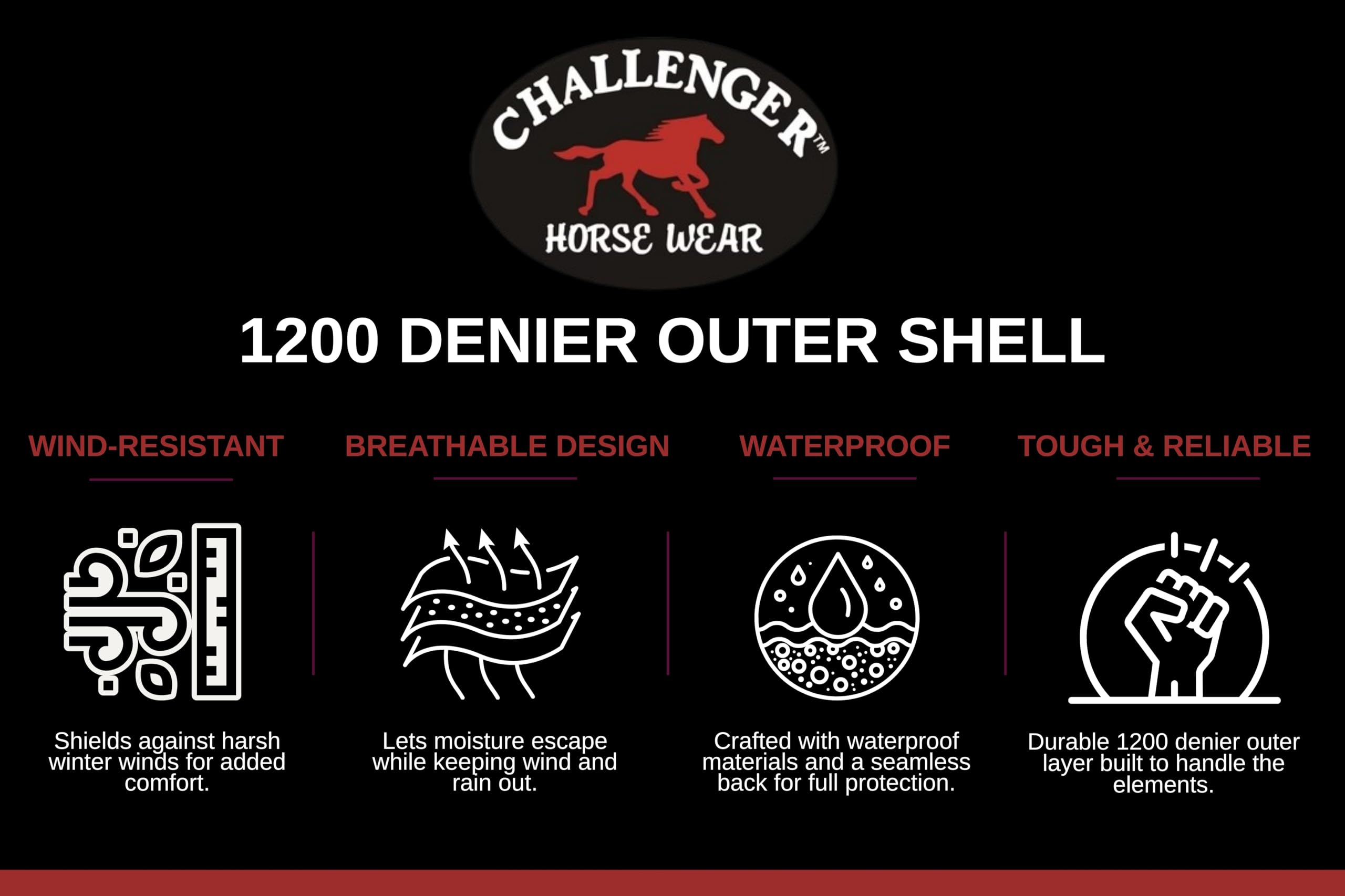 CHALLENGER turnout blanket on horse demonstrates snug fit and rain protection.