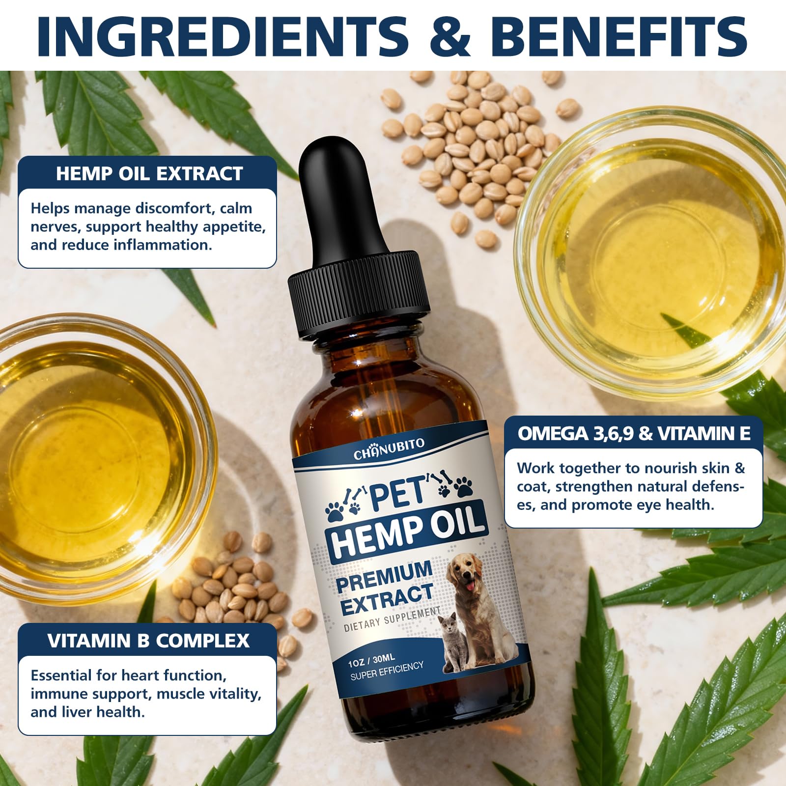 CHANUBITO Pets Hemp Oil topical application on skin for coat comfort.