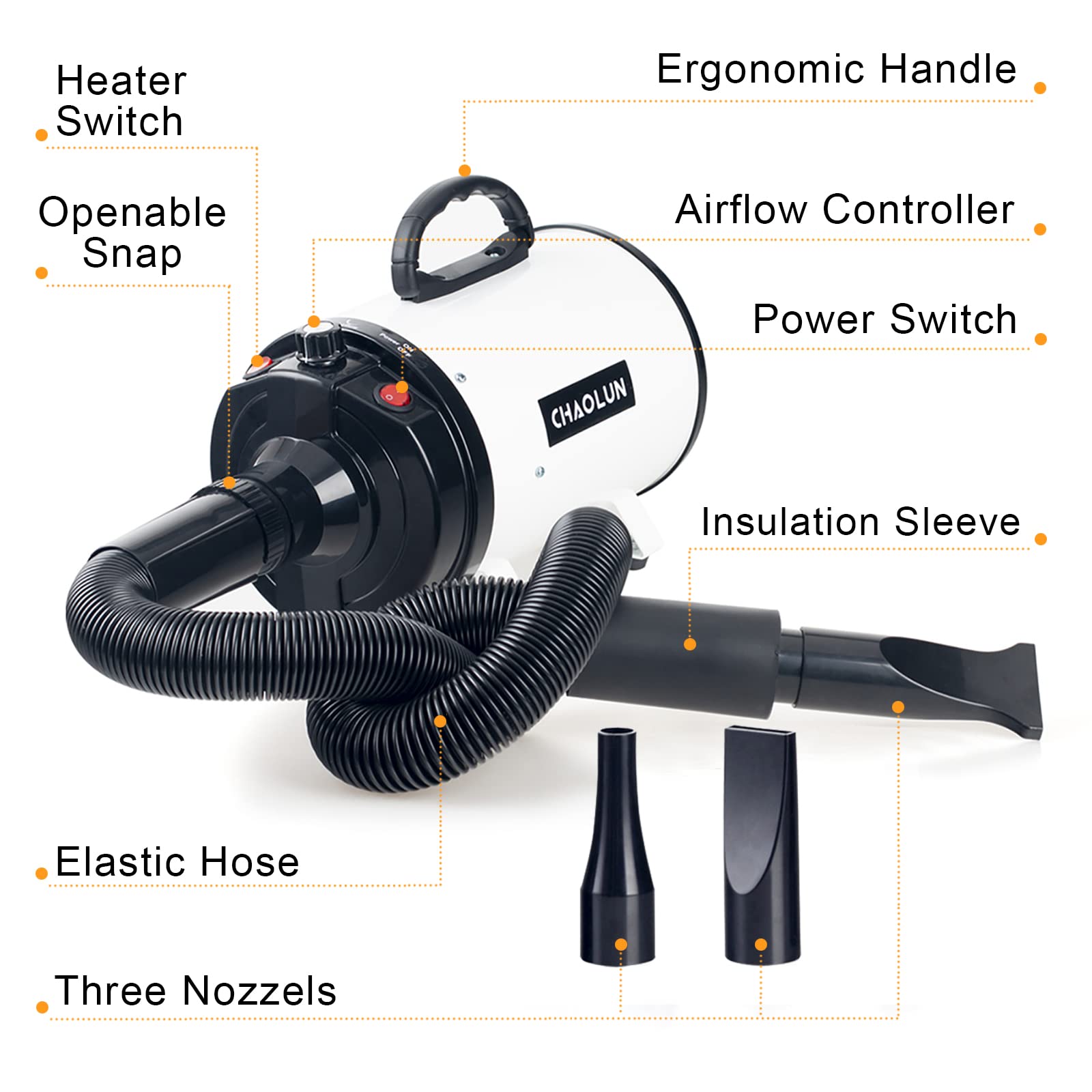 CHAOLUN dog dryer hose extended showing reach for easy pet drying.
