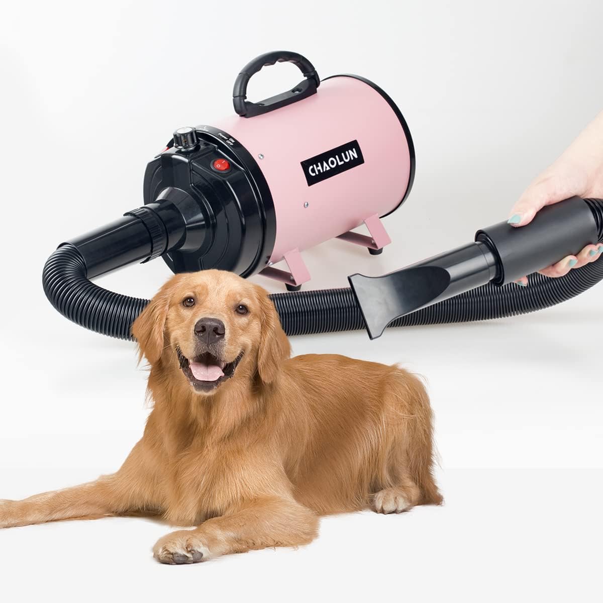 CHAOLUN dog dryer pink attachments showing three nozzles and a comb for versatile grooming.