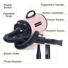 CHAOLUN dog dryer pink side view highlighting adjustable airflow for controlled drying.