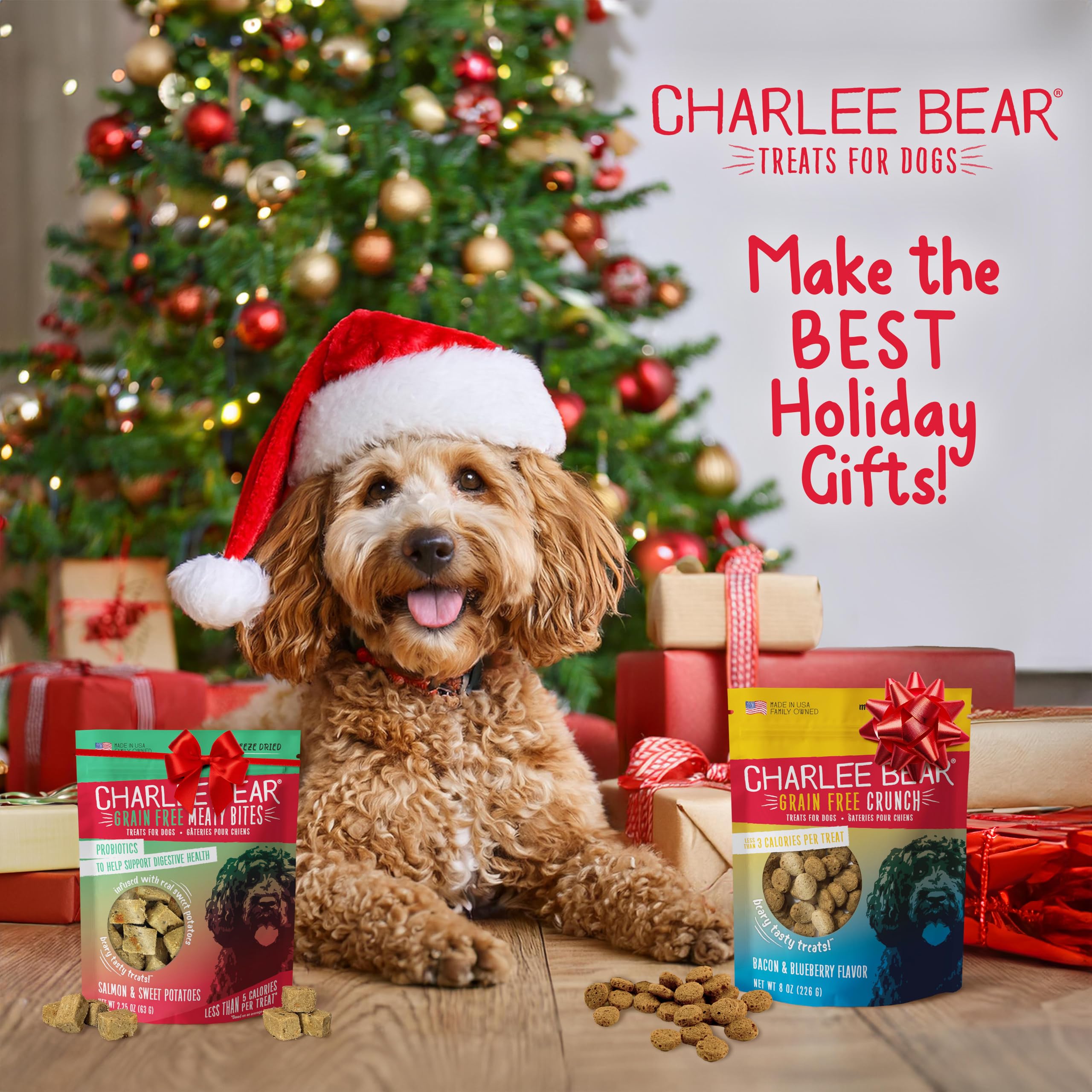 Charlee Bear bacon blueberry turkey sweet potato cranberry treats closeup, grain-free flavor burst