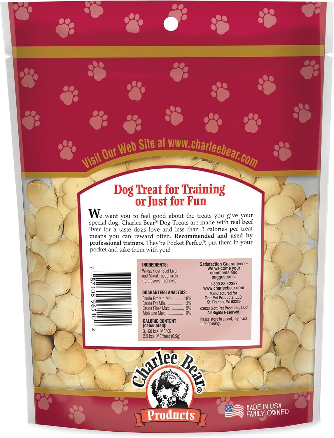 Charlee Bear Original Crunch beef liver dog treats ingredients list highlighting natural beef liver.