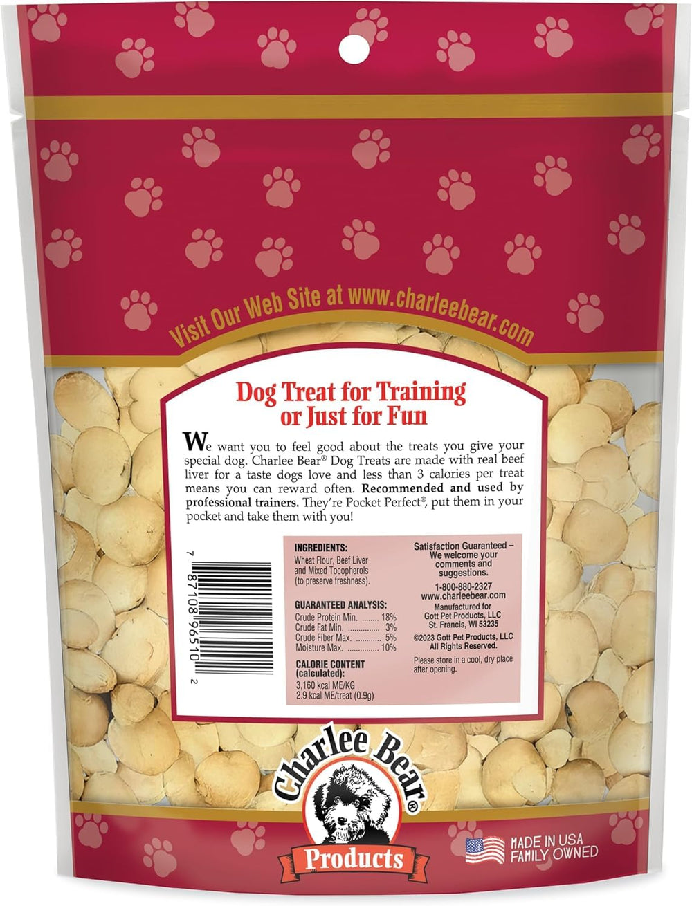 Charlee Bear Original Crunch beef liver dog treats ingredients list highlighting natural beef liver.