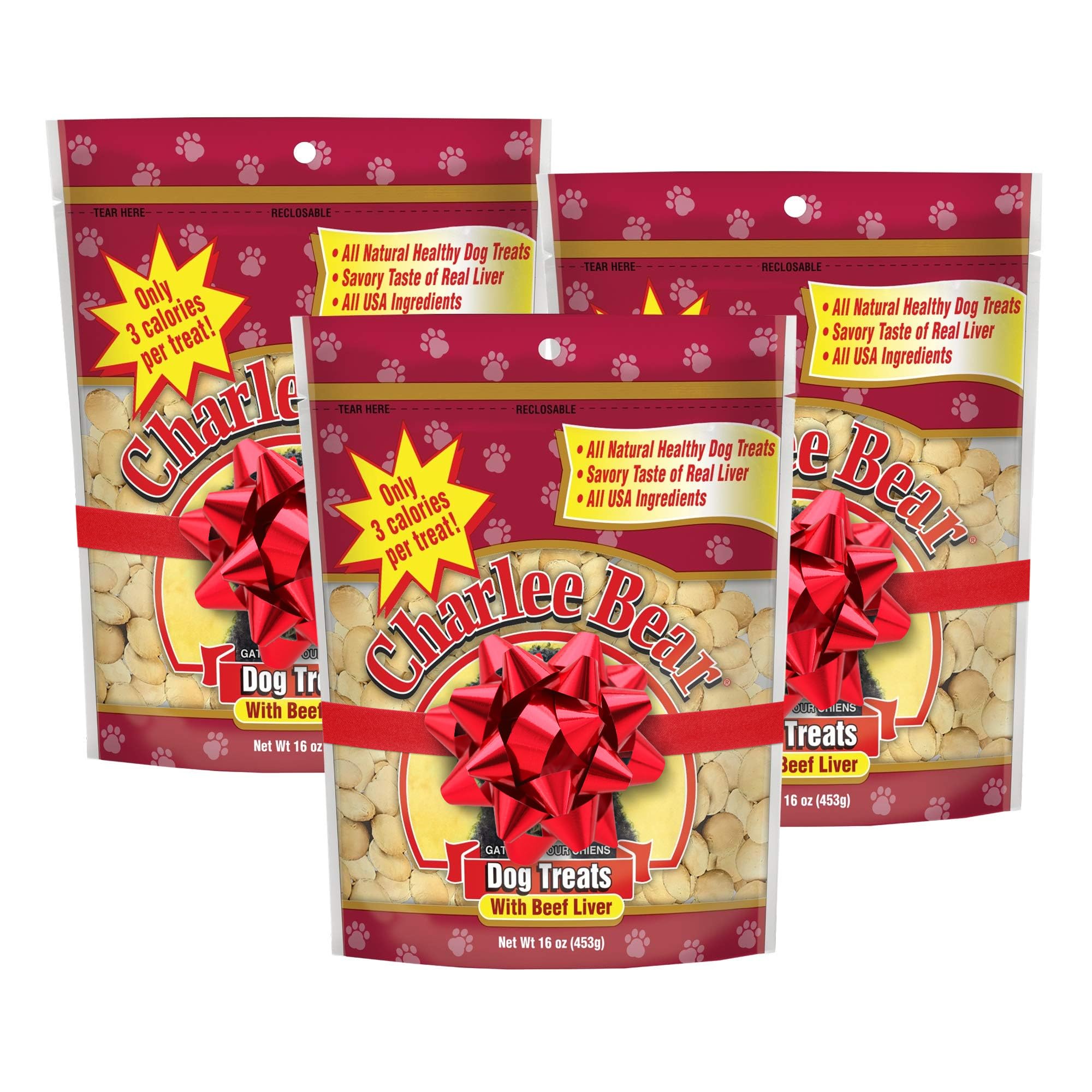 Charlee Bear Original Crunch beef liver dog treats package shows three USA-made bags for training rewards.