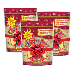 Charlee Bear Original Crunch beef liver dog treats package shows three USA-made bags for training rewards.