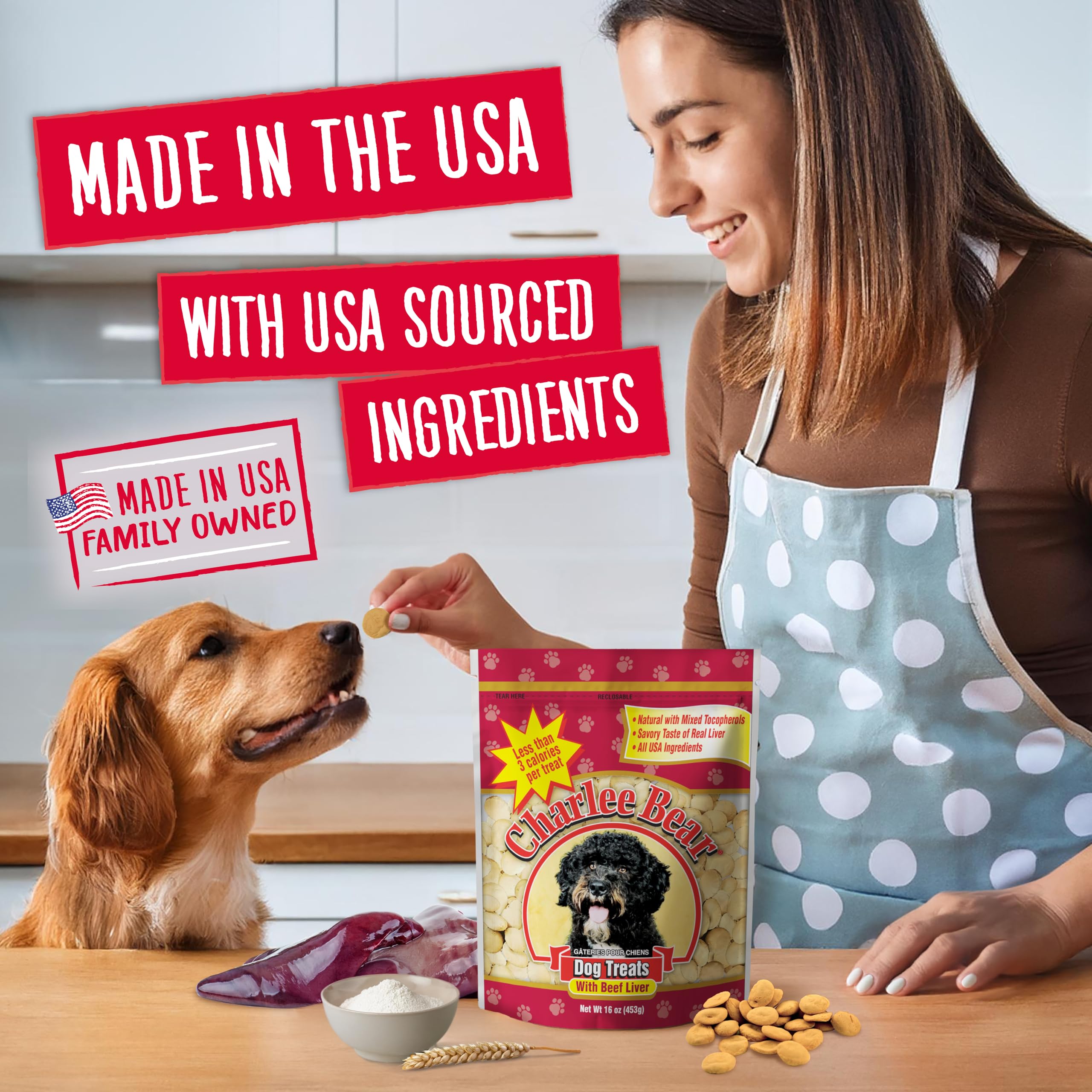 Charlee Bear Original Crunch beef liver dog treats USA-made badge on package.