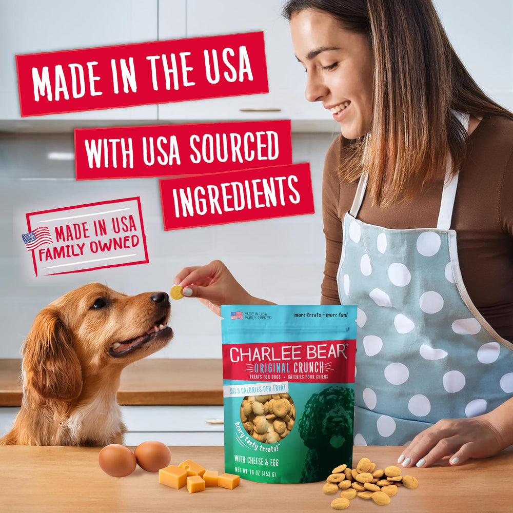 Charlee Bear Original Crunch Cheese & Egg dog chewing shot showcases satisfying crunch and flavor.