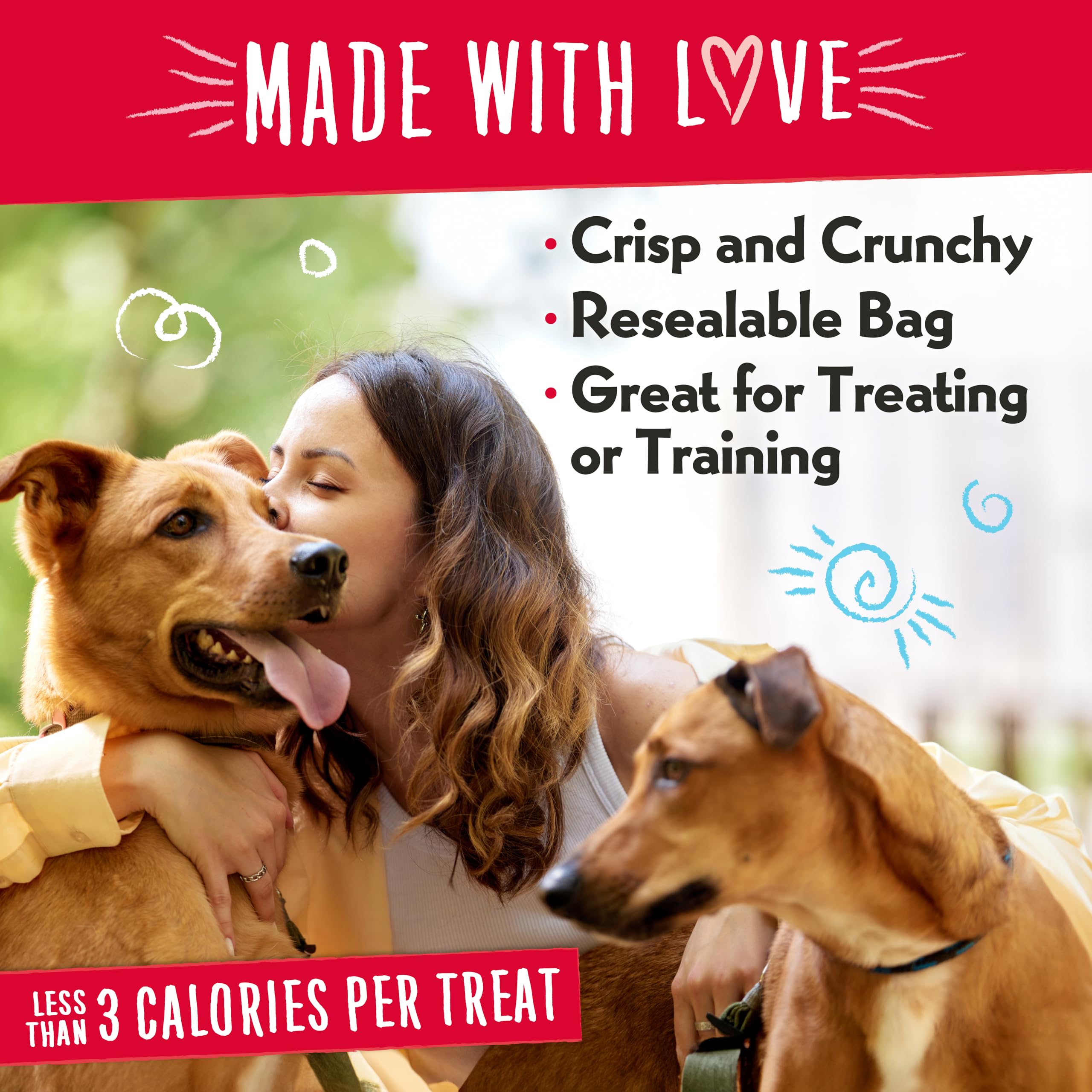 Charlee Bear Original Crunch Cheese & Egg dog sniffing image emphasizes savory flavor appeal.