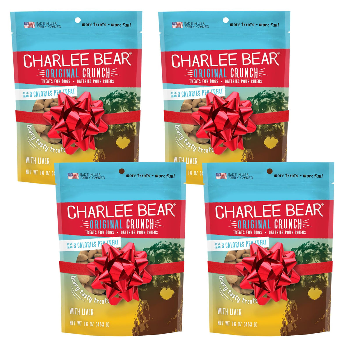 Charlee Bear Original Crunch liver treats collection shown as a convenient 4-pack for training rewards.