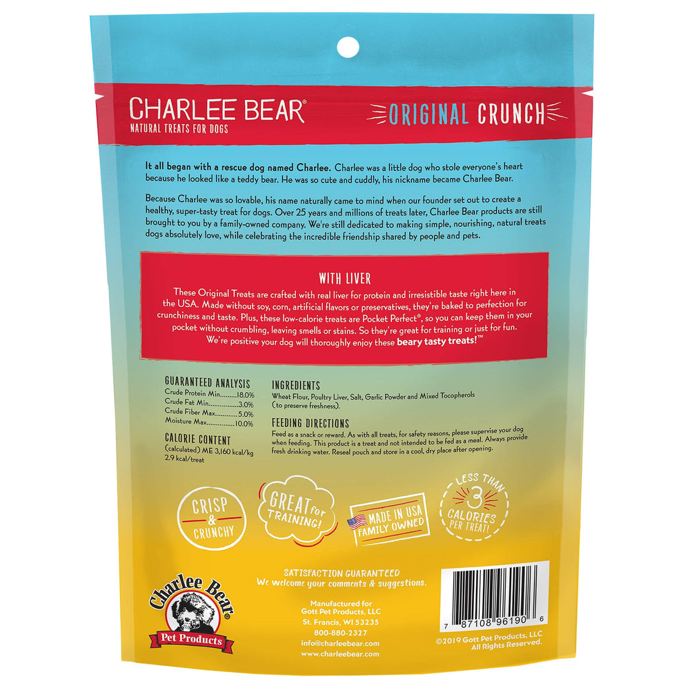 Charlee Bear Original Crunch liver treats hands-pocket convenient snack for on-the-go.