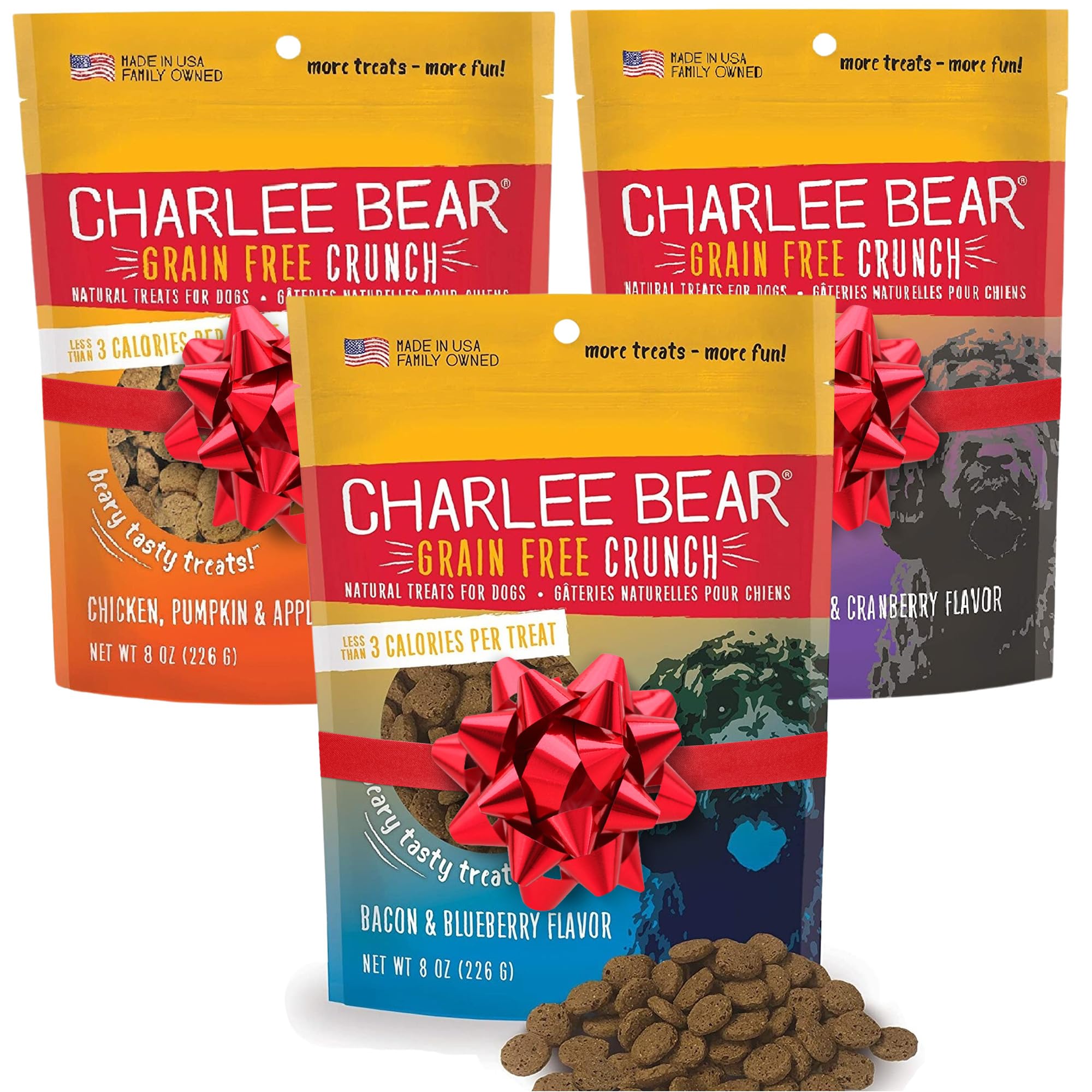 Charlee Bear training treats bag open shows pocket-friendly, low-calorie rewards.