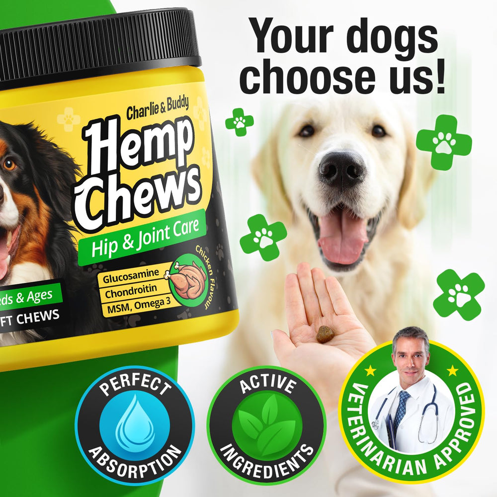 CHARLIE & BUDDY hemp hip joint chews close-up of ingredients supporting joints.
