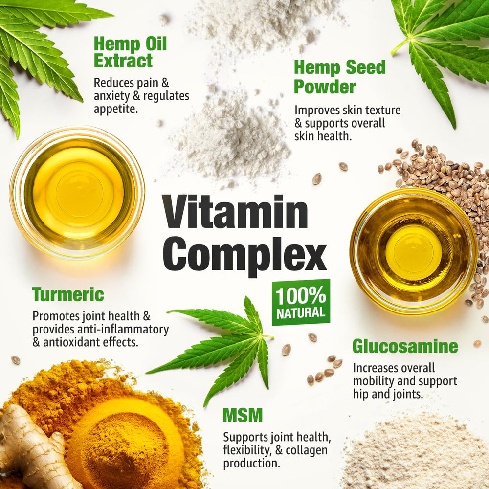 CHARLIE & BUDDY hemp hip joint chews ingredients panel highlights glucosamine, chondroitin, MSM.