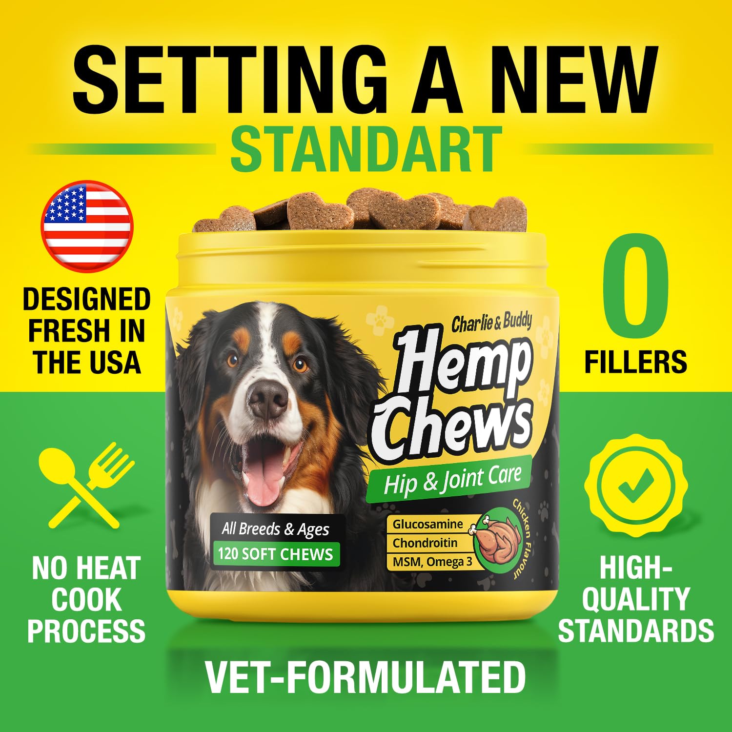 CHARLIE & BUDDY hemp hip joint chews safety testing badge communicates quality.