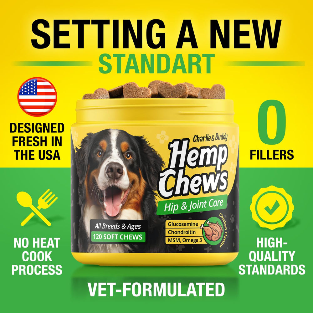 CHARLIE & BUDDY hemp hip joint chews safety testing badge communicates quality.