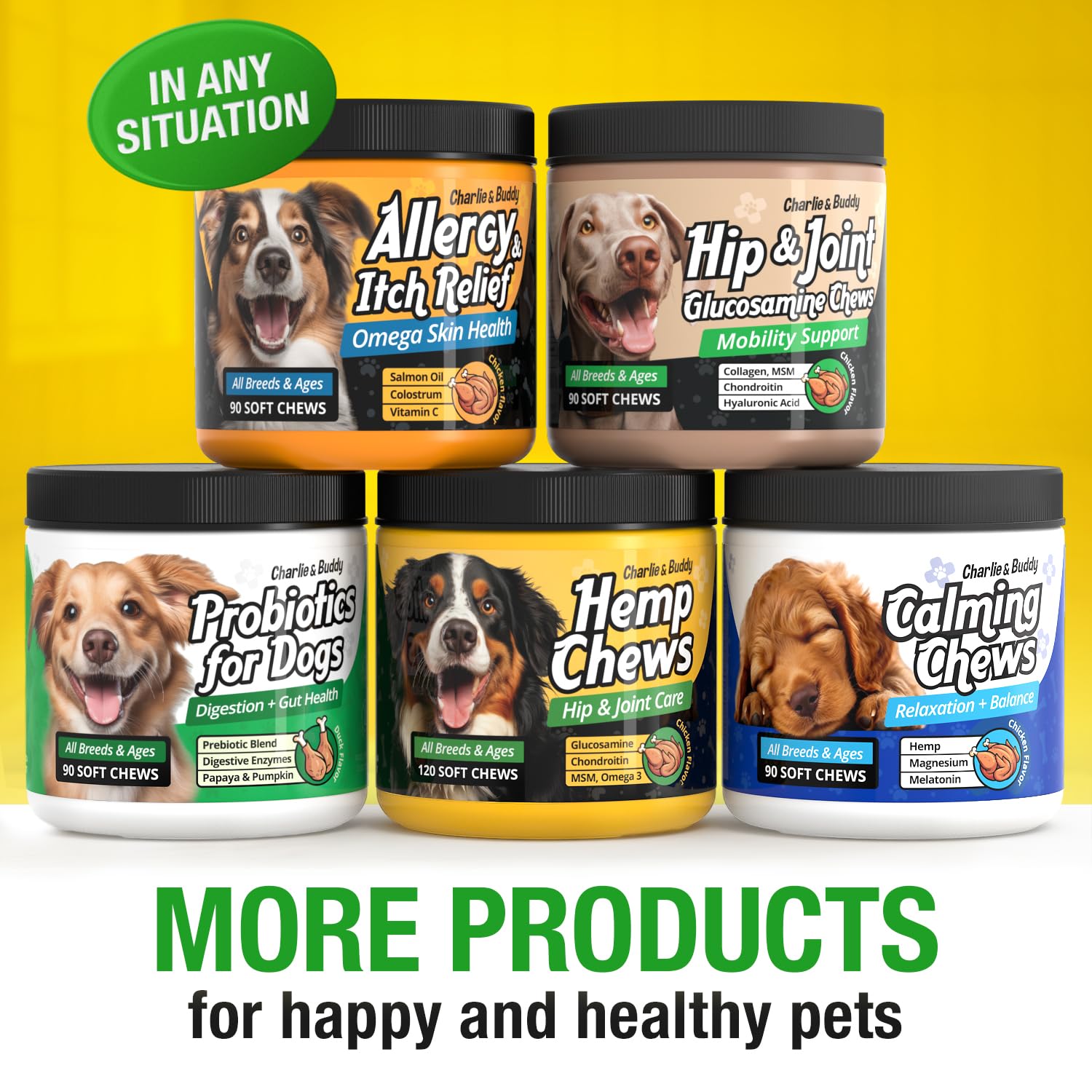 CHARLIE & BUDDY hemp hip joint chews turmeric and hemp oil ingredients close-up.
