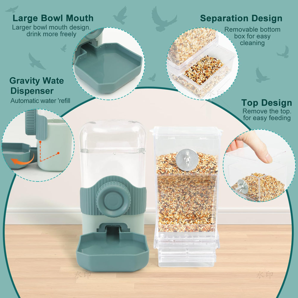 Chebet No Mess Bird Feeder Set inside cage demonstrates mess-free feeding with easy seed access.