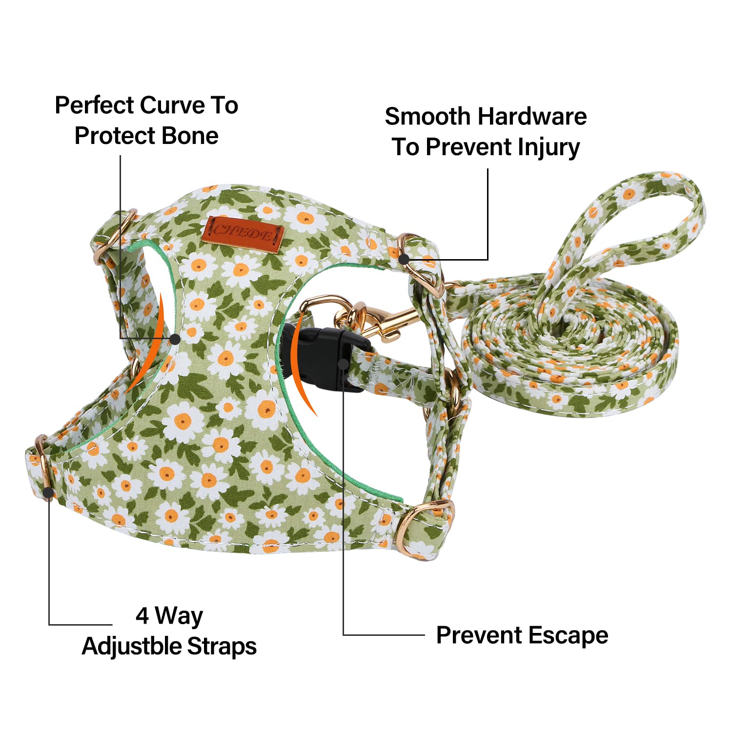 Chede No Pull floral harness adjustable strap shows four size options for secure fit.