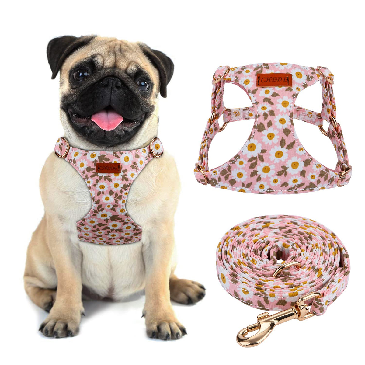 Chede No Pull floral pattern harness on pink small dog, comfortable lightweight fit.