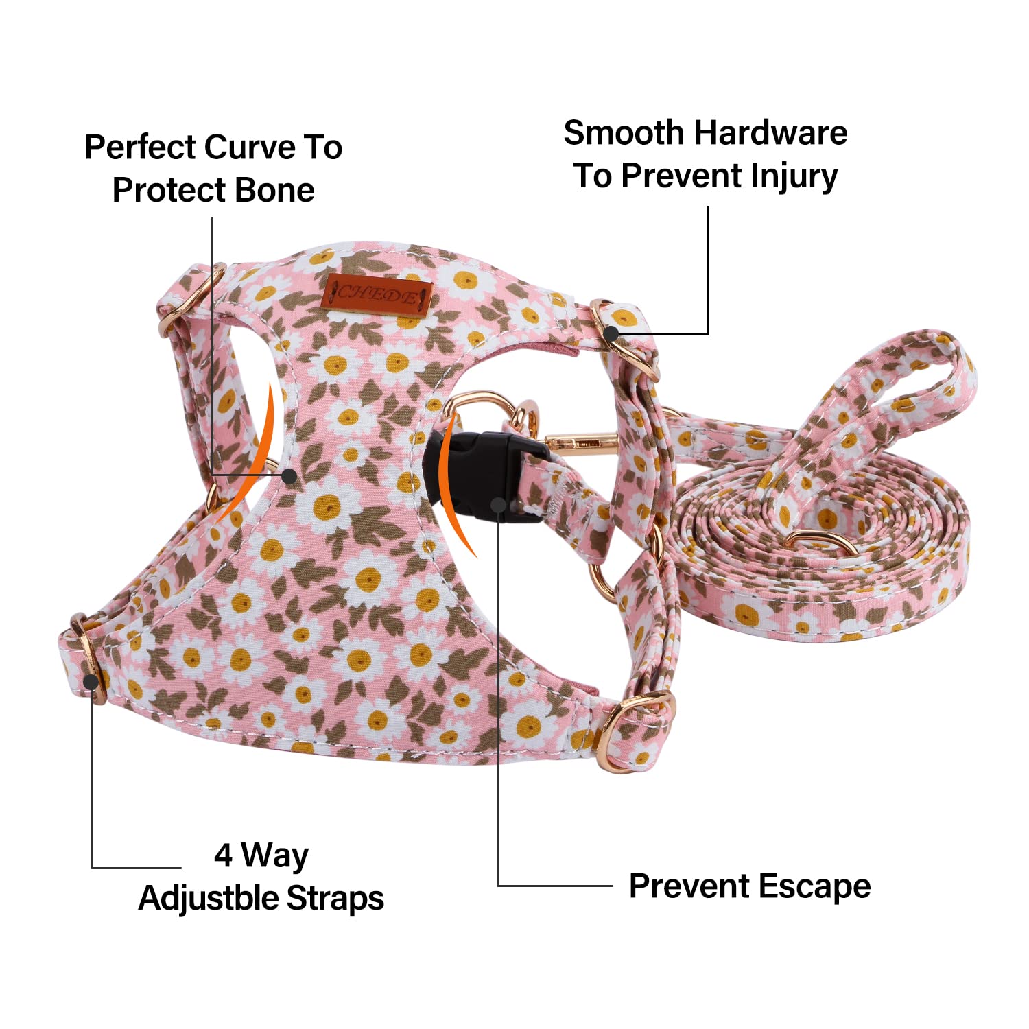 Chede No Pull floral pattern harness soft-material close-up for breathable comfort.